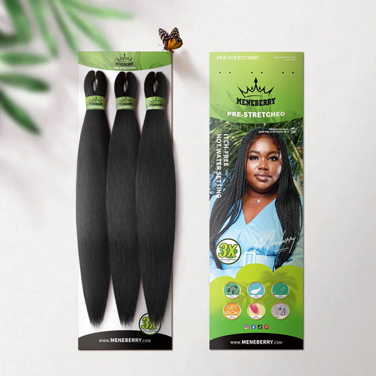 Meneberry Pre-stretched Braiding Hair, 3x 58-inch, Natural Black For Twist or Box Braids, Itch Free Hot Water Setting Synthetic Braiding Hair Extensions